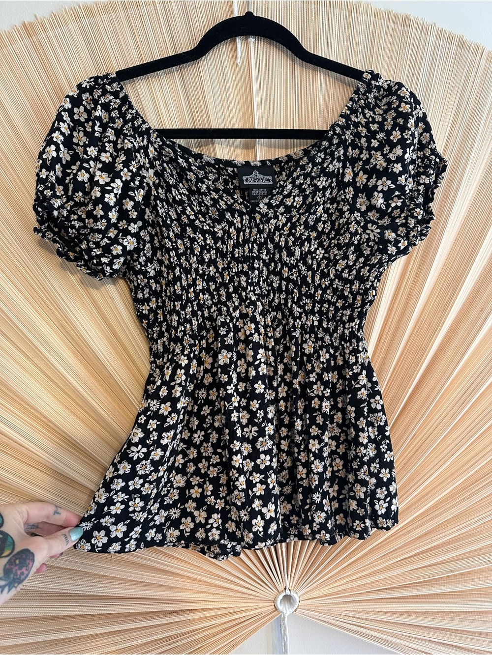 Angie Black Floral Smocked babydoll Top